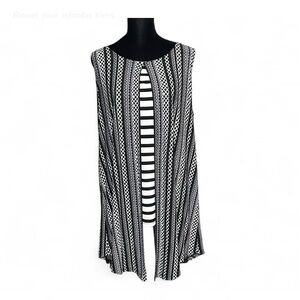 ARTEX FASHION Black & White Striped Sleeveless Blouse-Cardigan Open Front M-L